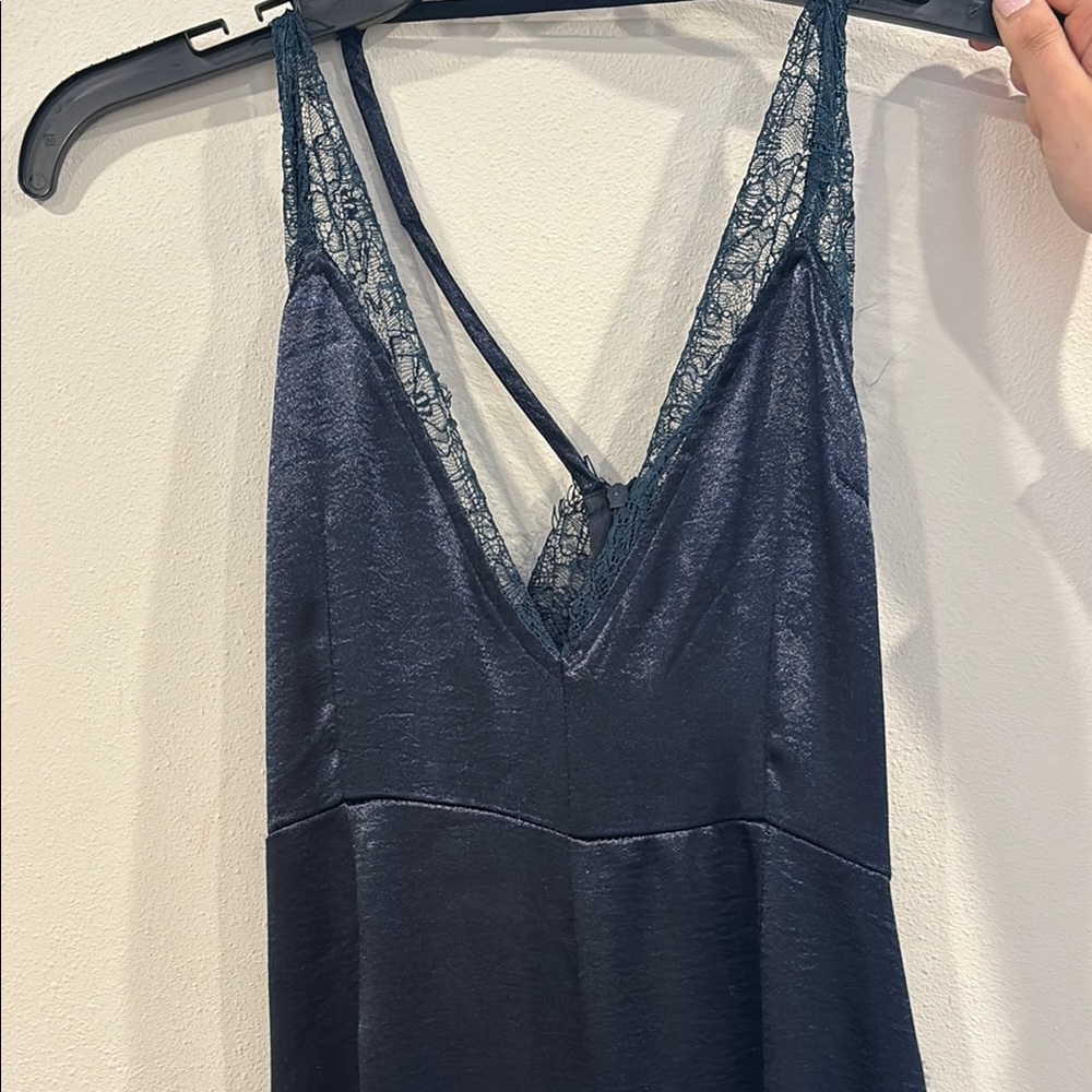 Elegant Lace-Trimmed Navy Slip Dress